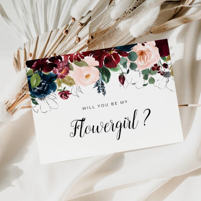 burgundy floral will you be my Flowergirl card