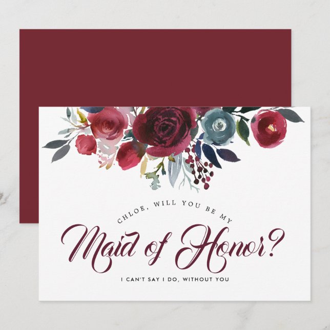 Burgundy Floral Will You be My Maid of Honor Card (Front/Back)
