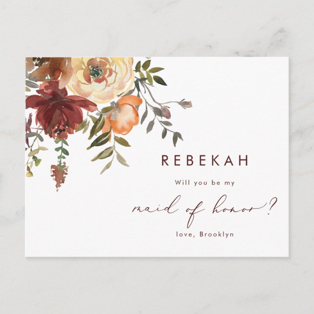 Burgundy Floral Will You Be My Maid of Honor Invitation Postcard (Front)
