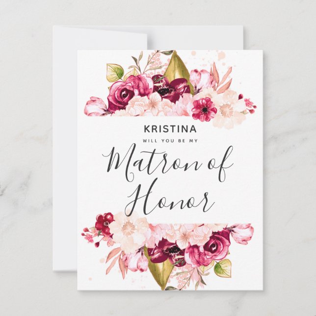 Burgundy Floral Will You Be My Matron of Honor Invitation (Front)