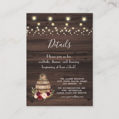 Burgundy Floral Wine Barrel Barn Wedding Details Enclosure Card