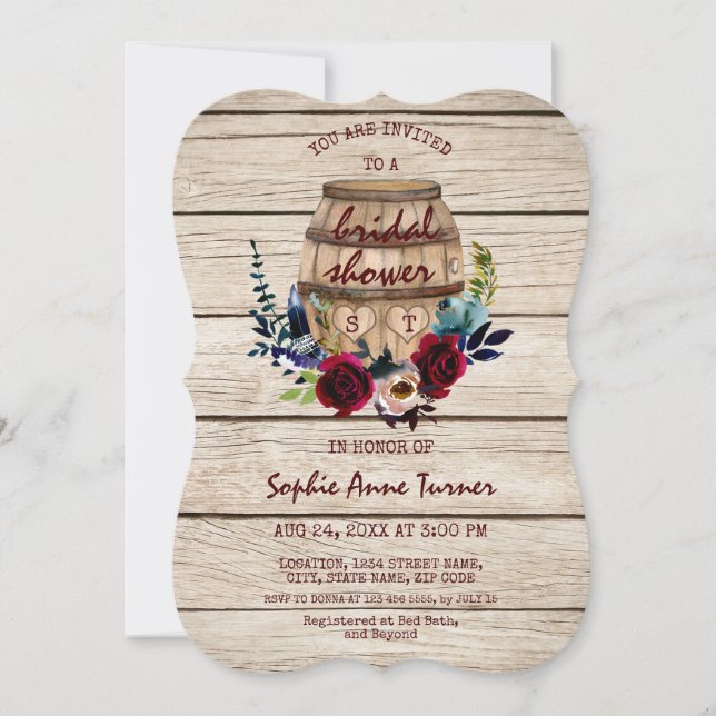 Burgundy Floral Wine Barrel Bridal Shower Invitation (Front)
