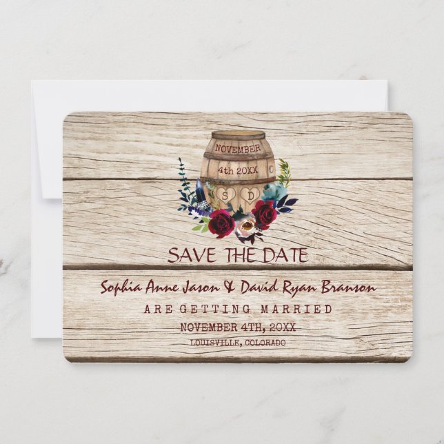 Burgundy Floral Wine Barrel Fall Save The Date (Front)