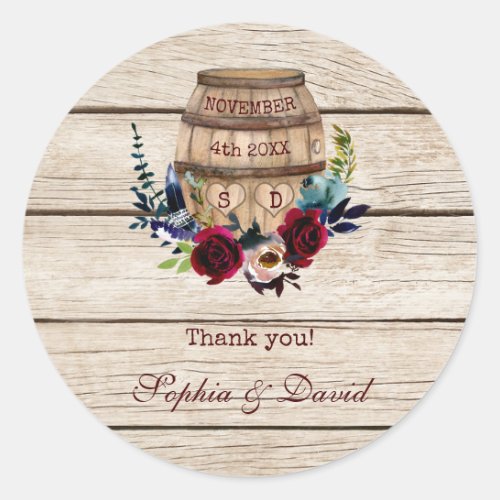 Burgundy Floral Wine Barrel Fall Wedding Classic Round Sticker