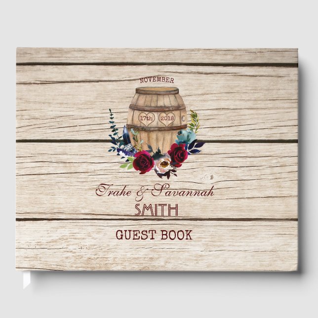 Burgundy Floral Wine Barrel Fall Wedding Guest Book (Front)