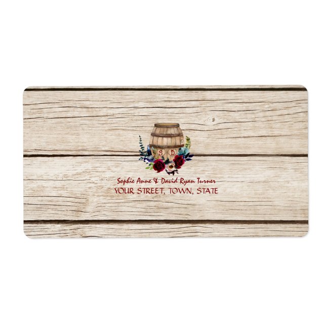 Burgundy Floral Wine Barrel Fall Wedding Label (Front)