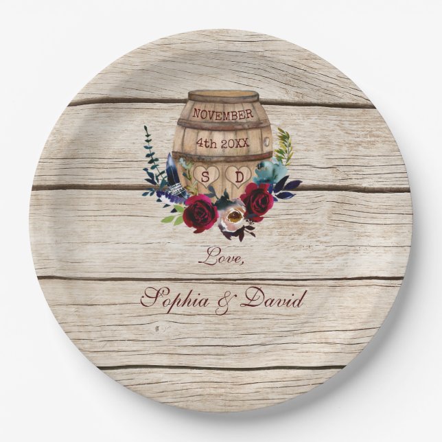 Burgundy Floral Wine Barrel Fall Wedding Paper Plates (Front)