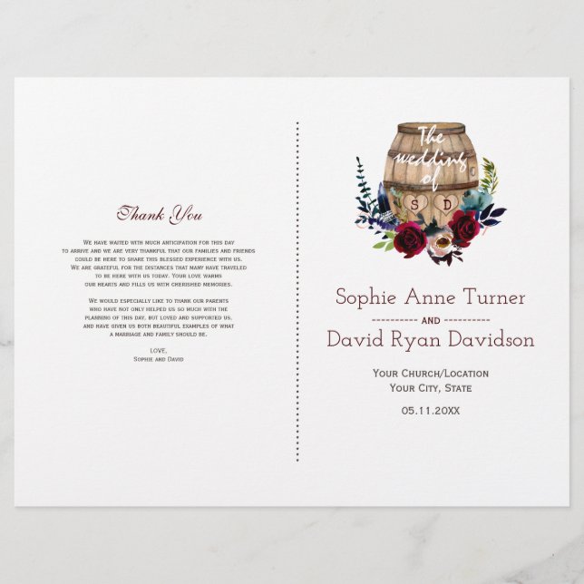 Burgundy Floral Wine Barrel Fall Wedding Program Flyer (Front)