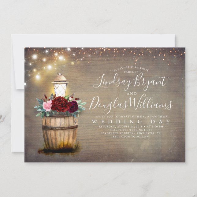 Burgundy Floral Wine Barrel Lantern Rustic Wedding Invitation (Front)