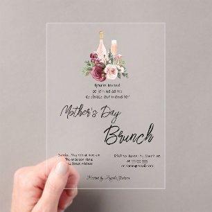 Burgundy Floral Wine Mother's Day Brunch Acrylic Invitations