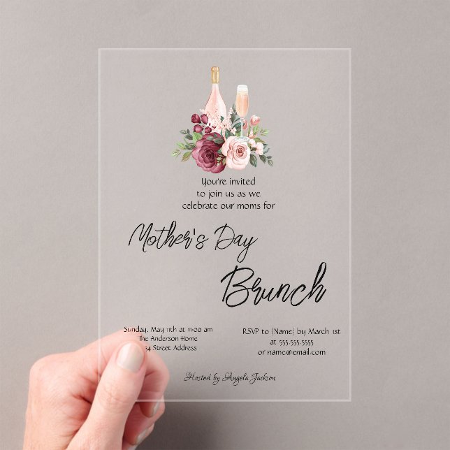 Burgundy Floral Wine Mother's Day Brunch Acrylic Invitations (Insitu (Handheld))
