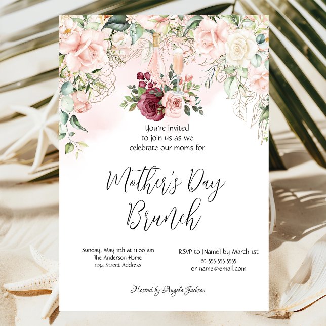 Burgundy Floral Wine Mother's Day Brunch Invitatio Invitation (Creator Uploaded)