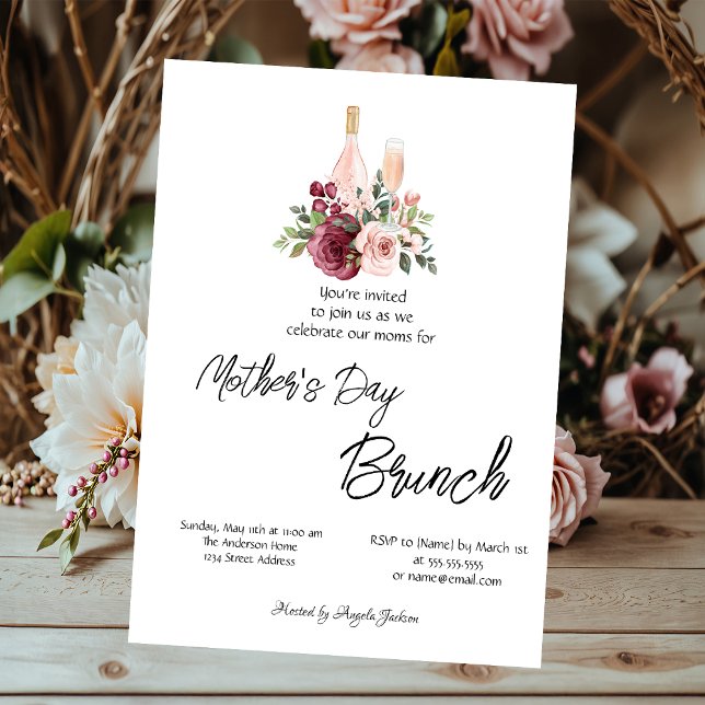 Burgundy Floral Wine Mother's Day Brunch Invitation (Creator Uploaded)