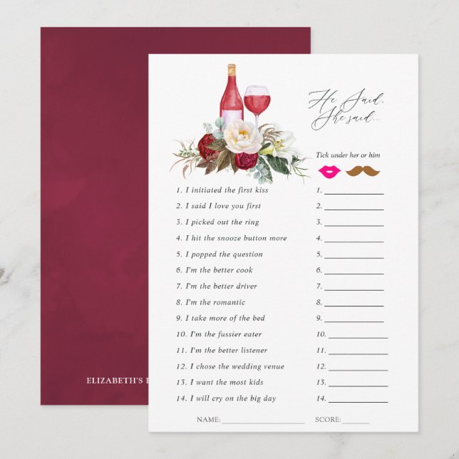 Burgundy Floral Wine Tasting Bridal Shower Game Invitation (Front/Back)