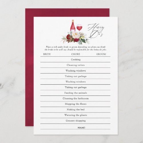 Burgundy Floral Wine Tasting Bridal Shower Game Invitation