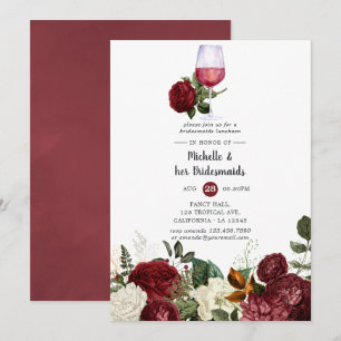 Burgundy Floral Wine Tasting Bridesmaids Luncheon Invitation