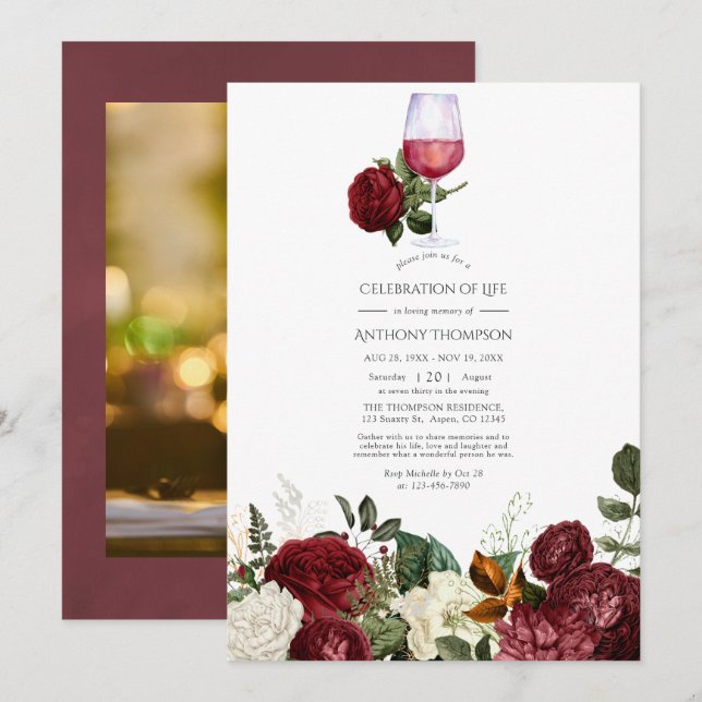 Burgundy Floral Wine Tasting Celebration of Life Invitation (Front/Back)