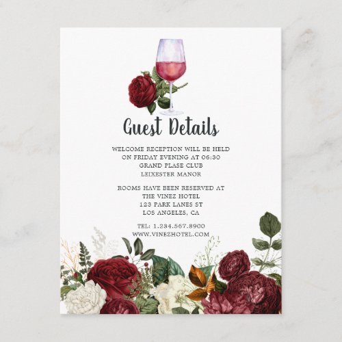Burgundy Floral Wine Tasting Wedding Guest Details Enclosure Card