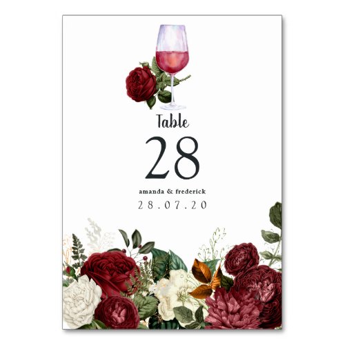 Burgundy Floral Wine Tasting Wedding Table Number