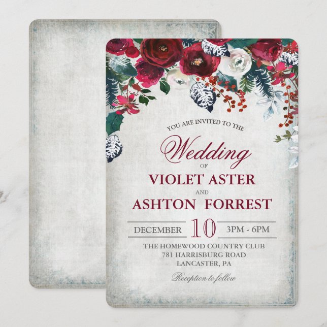 Burgundy Floral Winter Wedding Invitation (Front/Back)