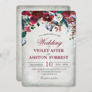 Burgundy Floral Winter Wedding Invitation