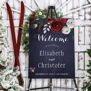 Burgundy floral winter wedding navy welcome sign
