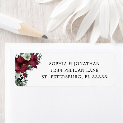 Burgundy Floral Winter Wedding Return Address Label | Zazzle