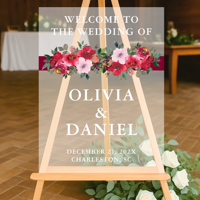 Burgundy Floral Winter Wedding Welcome Frosted Acrylic Sign (Creator Uploaded)
