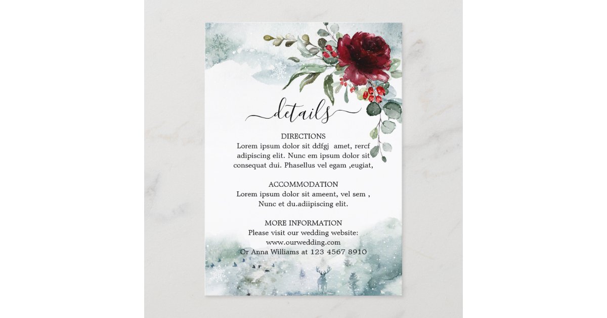 Burgundy Floral Winter wonderland wedding Details Enclosure Card | Zazzle
