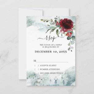 Burgundy Floral Winter wonderland wedding RSVP Card