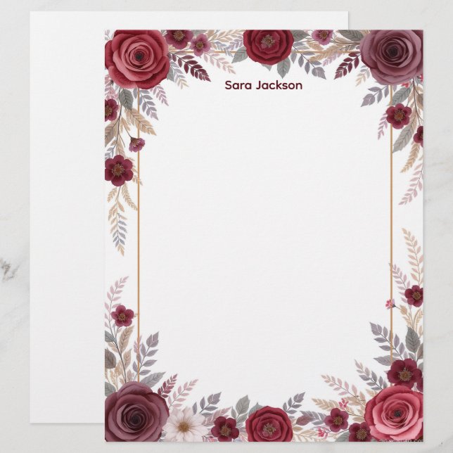Burgundy Floral with Gray Accents Stationery Paper (Front/Back)