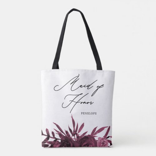 Burgundy Floral with Maid of Honor Script Tote Bag