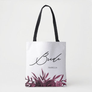 Burgundy Floral with Stylish Bride Script Tote Bag