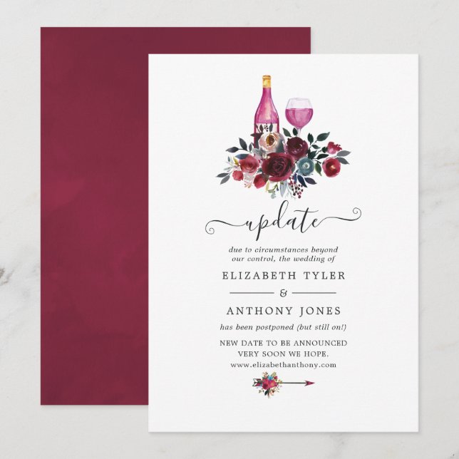 Burgundy Floral Wne Tasting Wedding Update Invitation (Front/Back)