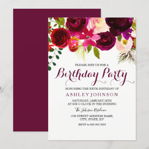Burgundy Floral Womans Birthday Party Invitation