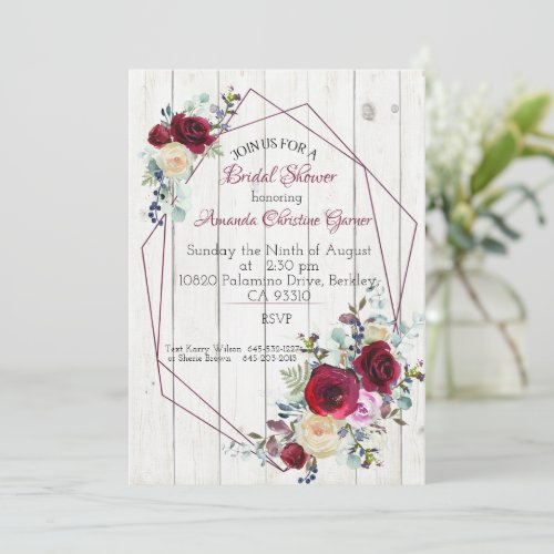 Burgundy Floral  Wood Bridal Shower Invitation