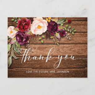 Burgundy Floral Wood Bridal Shower Thank You Postcard
