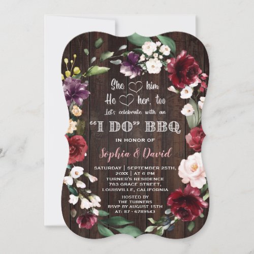 Burgundy Floral Wood I DO BBQ Engagement Invitation