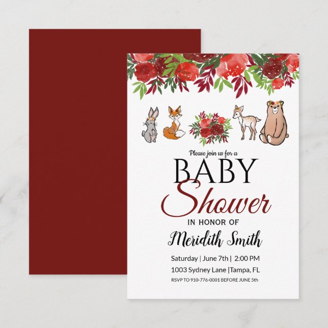 Burgundy Floral Woodland Animals Baby Shower Invitation (Front/Back)