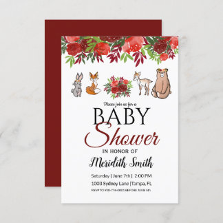 Burgundy Floral Woodland Animals Baby Shower Invitation