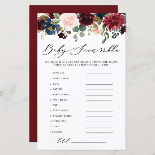 Burgundy Floral Word Scramble Baby Shower Game