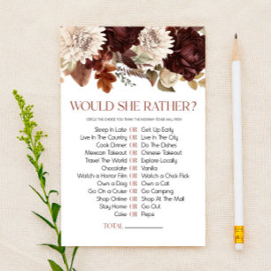 Burgundy Floral Would She Rather Baby Shower Game