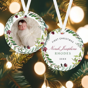 Burgundy Floral Wreath Baby Girl First Christmas Ornament
