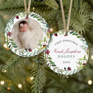 Burgundy Floral Wreath Baby Girl First Christmas Ornament