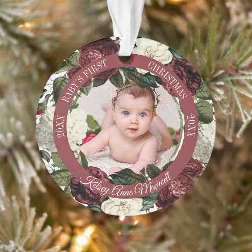 Burgundy Floral Wreath Babys First Christmas Photo Ornament