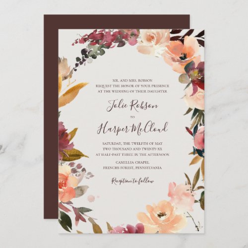 Burgundy Floral Wreath  Beige Traditional Wedding Invitation