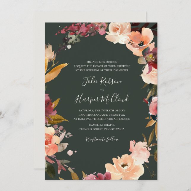 Burgundy Floral Wreath | Beige Traditional Wedding Invitation (Front/Back)