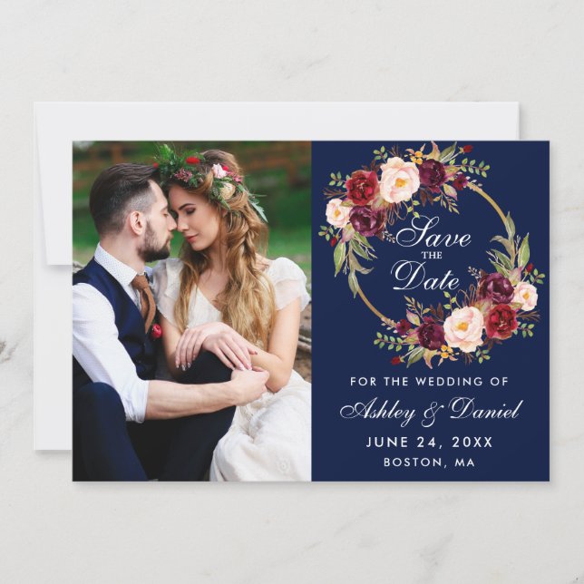 Burgundy Floral Wreath Blue Save The Date Photo (Front)