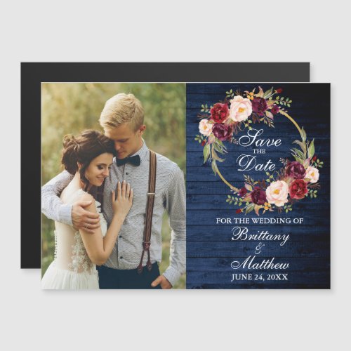 Burgundy Floral Wreath Blue Wood Save The Date Magnetic Invitation