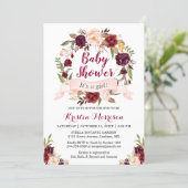 Burgundy Floral Wreath Blush Ribbon Baby Shower Invitation (Standing Front)
